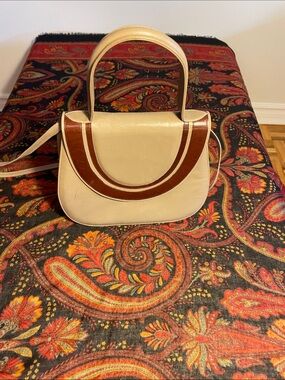 Cream and Brown Curved-Trim Shoulder Bag with Top Handle